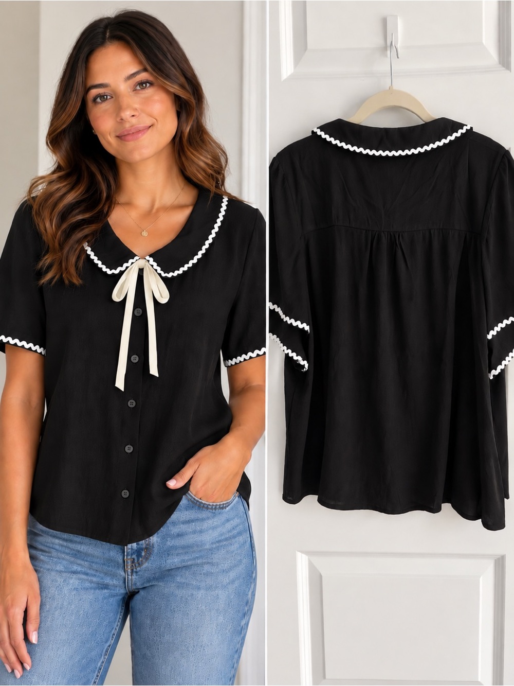 Black Peter Pan Collar Blouse with Cream Ribbon - Women Tops